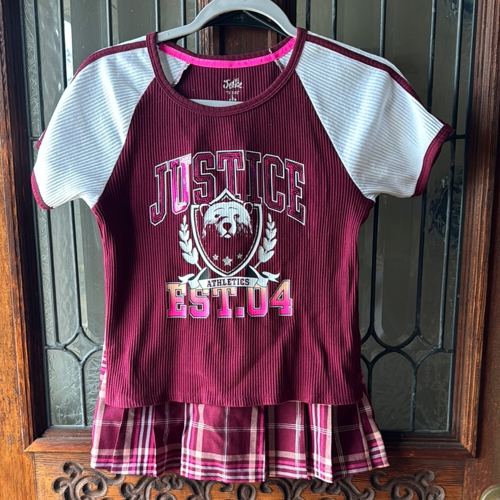 Justice Red and White Short Sleeve Tee with Graphic Design and Skirt